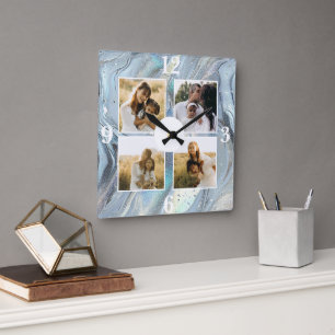 Marble Dreams in Blue 4 Photo Collage Square Wall Clock