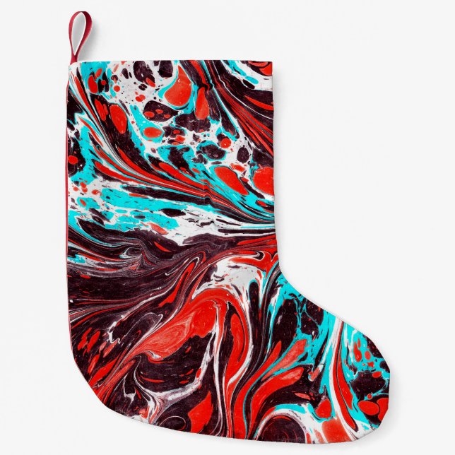 marble ebru colourful acrylic pouring pattern back small christmas stocking (Front)