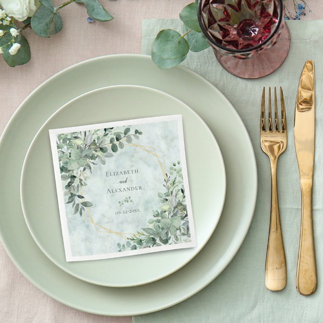 Marble Elegant Greenery Eucalyptus Gold Wedding Napkin (Creator Uploaded)