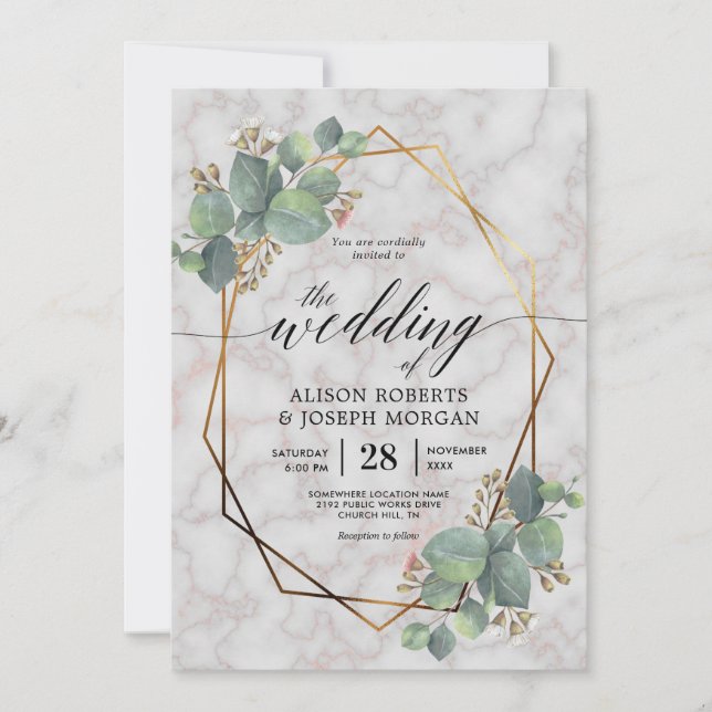 Marble eucalyptus gold geometric frame invitation (Front)