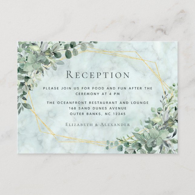 Marble Eucalyptus Greenery Gold Wedding Reception Enclosure Card (Front)
