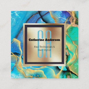 Marble faux gold blue green square monogram chic business card