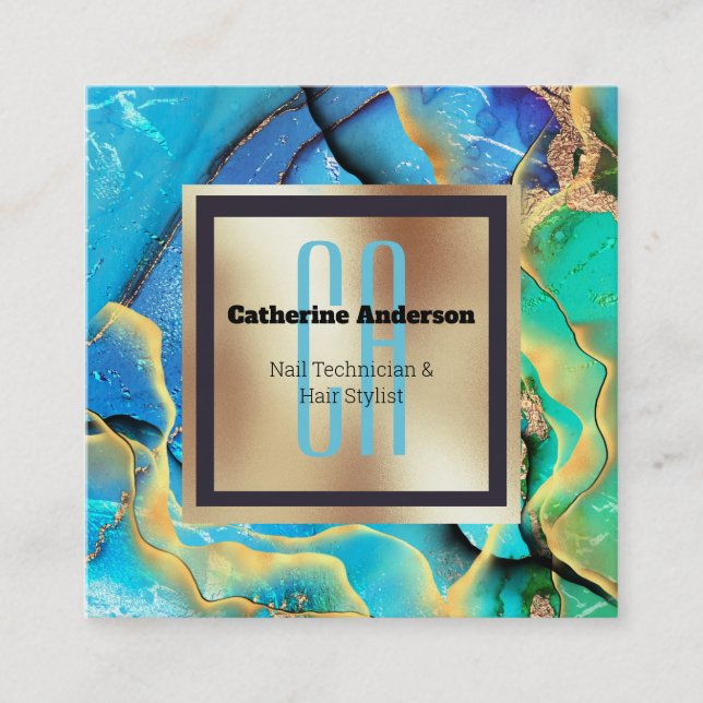 Marble faux gold blue green square monogram chic business card (Front)