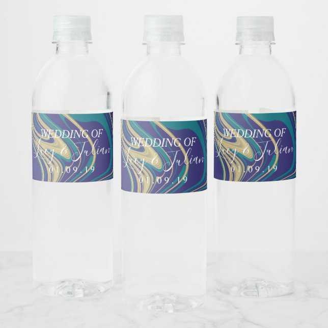 Marble Faux Gold Blue Wedding   Water Bottle Label (Bottles)
