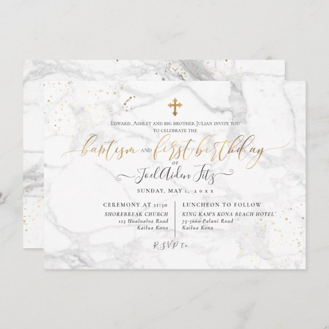Marble Faux Gold Cross Baptism 1st Birthday Invitation (Front/Back)