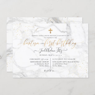 Marble Faux Gold Cross Baptism 1st Birthday Invitation