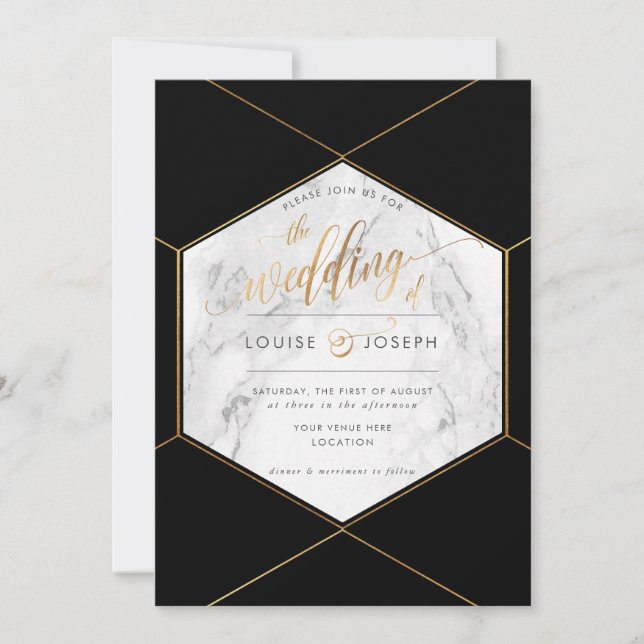 Marble+Faux Gold Honeycomb Wedding Announcement (Front)