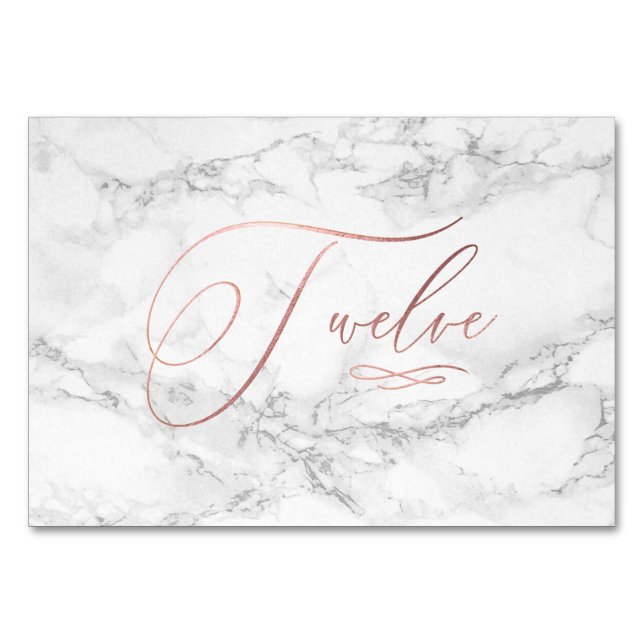 Marble Faux Rose Gold Calligraphy Twelve Table Number (Front)