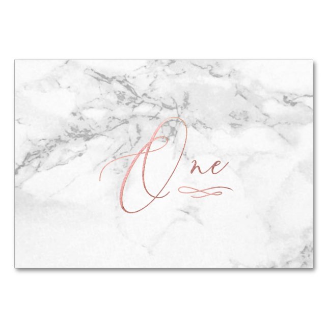Marble Faux Rose Gold Romantic Calligraphy One 1 Table Number (Front)