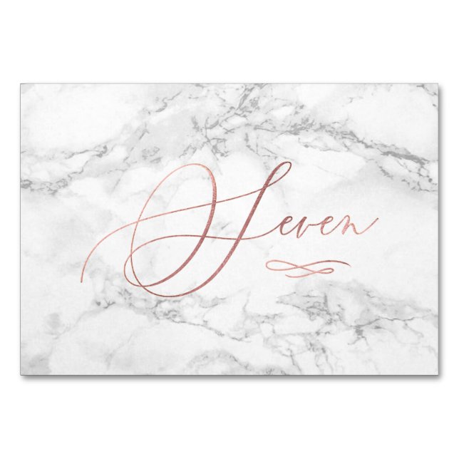 Marble Faux Rose Gold Romantic Calligraphy Seven 7 Table Number (Front)