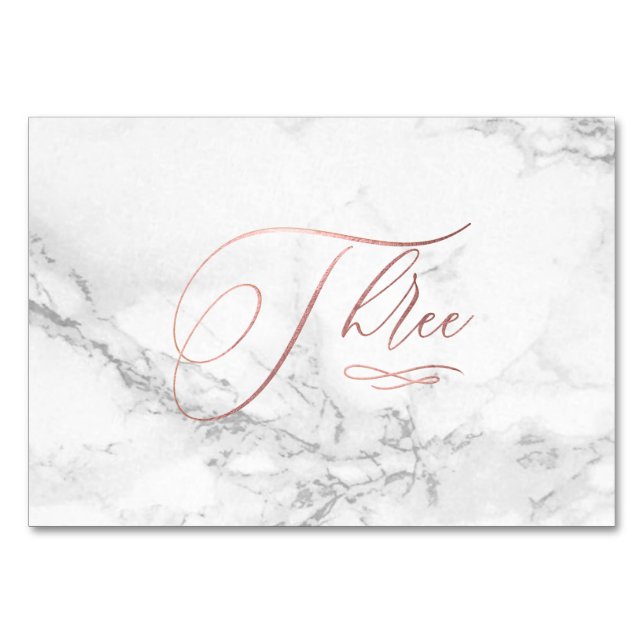 Marble Faux Rose Gold Romantic Calligraphy Three 3 Table Number (Front)