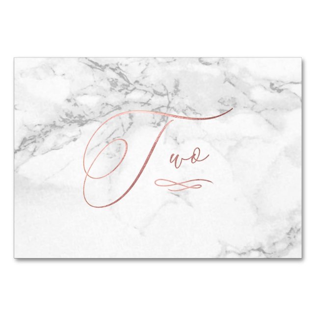 Marble Faux Rose Gold Romantic Calligraphy Two 2 Table Number (Front)