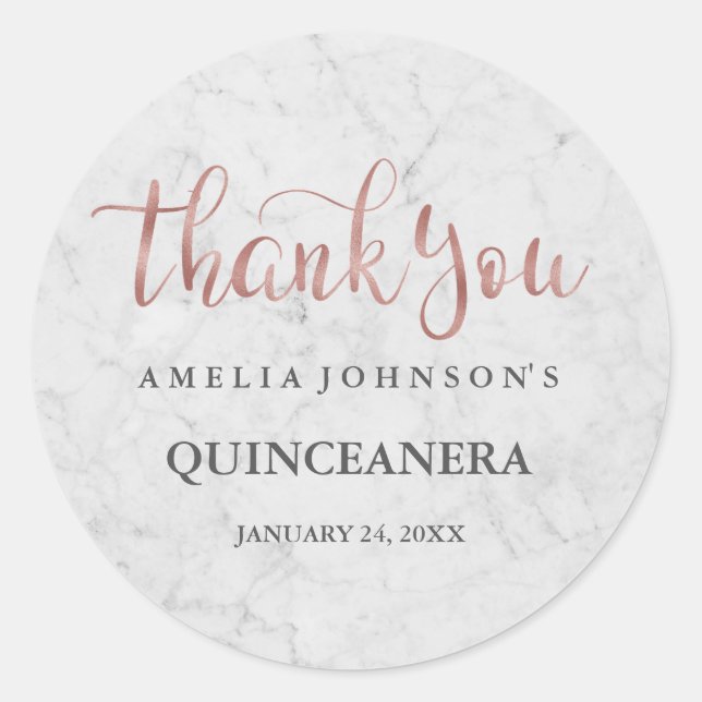 Marble Faux Rose Gold Thank You Quinceanera Classic Round Sticker (Front)