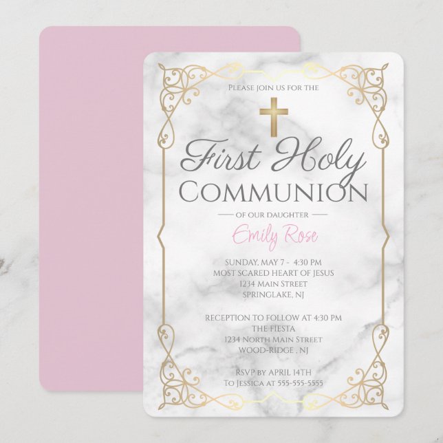 Marble First Holy Communion Invitations For Girls (Front/Back)