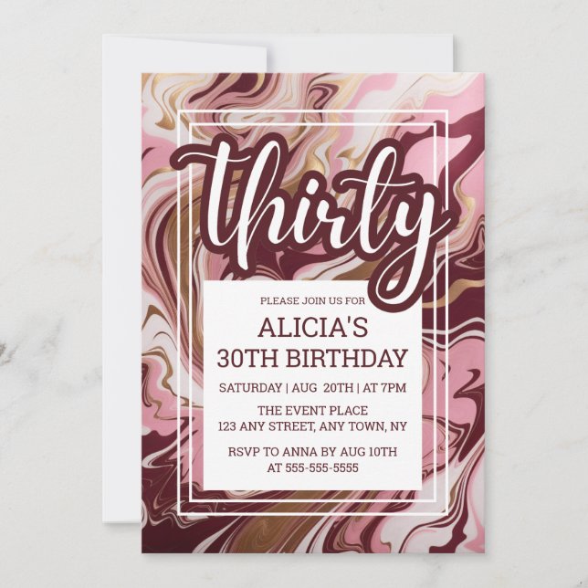 Marble Fluid Gold Burgundy Pink 30th Birthday Invitation (Front)