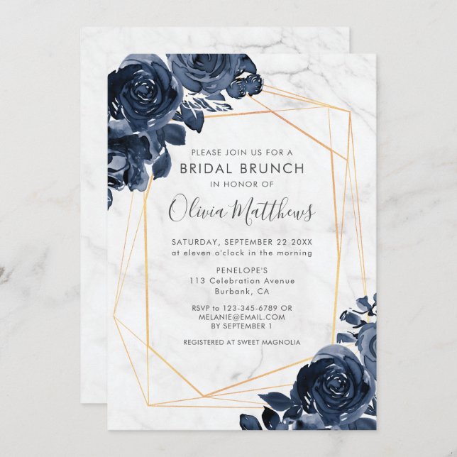 Marble Geometric Gold Blue Roses Bridal Brunch Invitation (Front/Back)