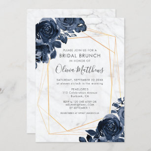 Marble Geometric Gold Blue Roses Bridal Brunch Invitation