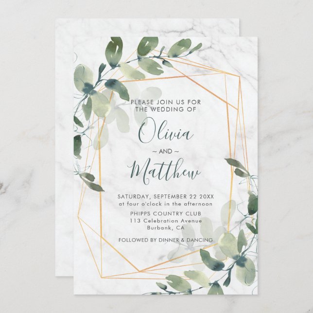 Marble Geometric Gold Eucalyptus Wedding Invitation (Front/Back)