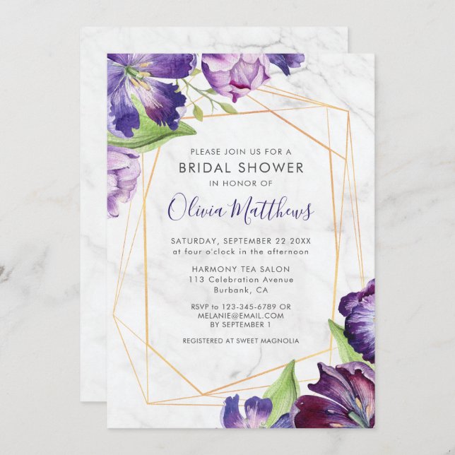 Marble Geometric Gold Purple Tulips Bridal Shower Invitation (Front/Back)