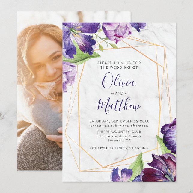 Marble Geometric Gold Purple Tulips Photo Wedding Invitation (Front/Back)