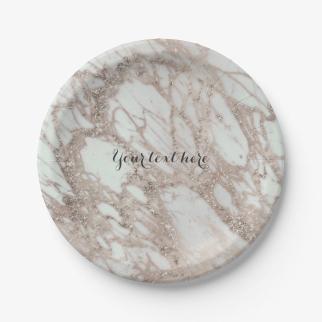 Marble Glam Rose Pink Gold Silver Designer Style Paper Plate (Front)