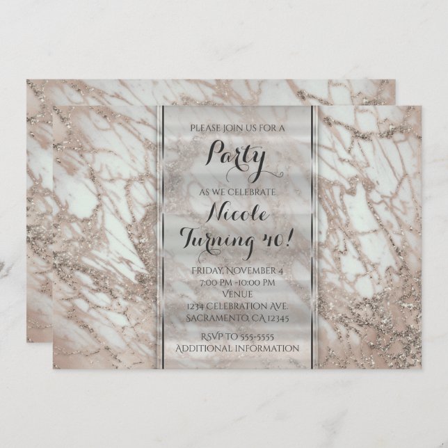 Marble Glam Rose Pink Gold Silver Party Invitation (Front/Back)