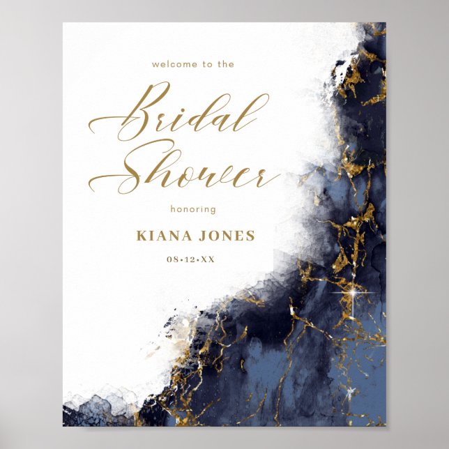 Marble Glitter Bridal Shower Navy Blue Gold ID644 Poster (Front)