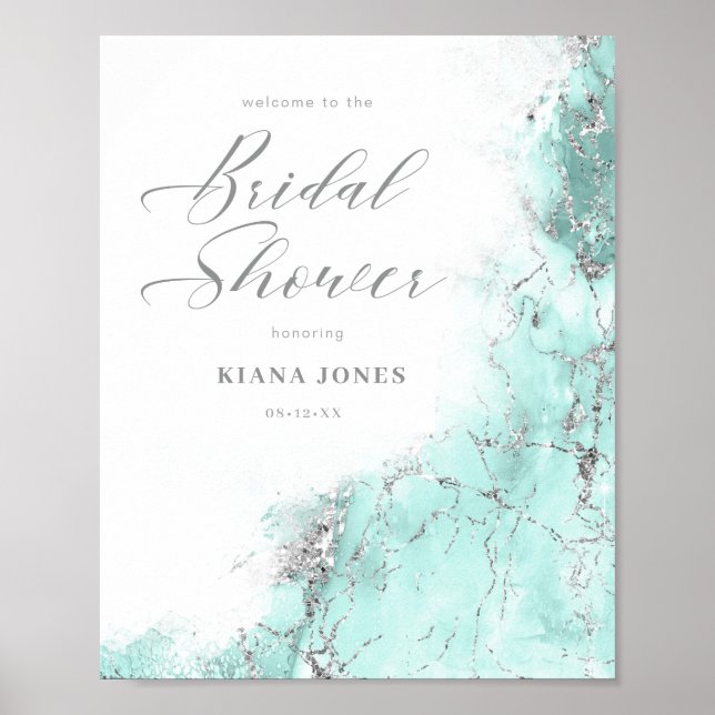 Marble Glitter Bridal Shower Teal Silver ID644 Poster (Front)