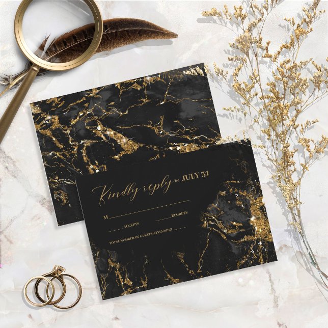 Marble Glitter Wedding Black Gold ID644 RSVP Card (Creator Uploaded)