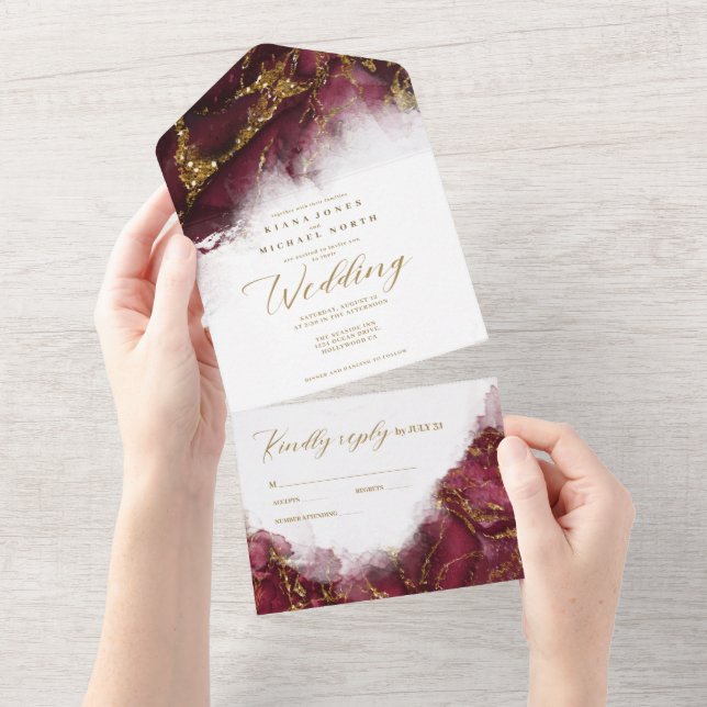 Marble Glitter Wedding Burgundy/Gold ID644 All In One Invitation (Tearaway)