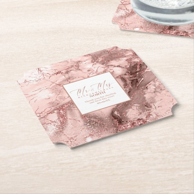 Marble Glitter Wedding Mr & Mrs Rose Gold ID644 Paper Coaster (Angled)