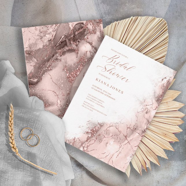 Marble Glitter Wedding Rose Gold ID644 Invitation (Front/Back In Situ)