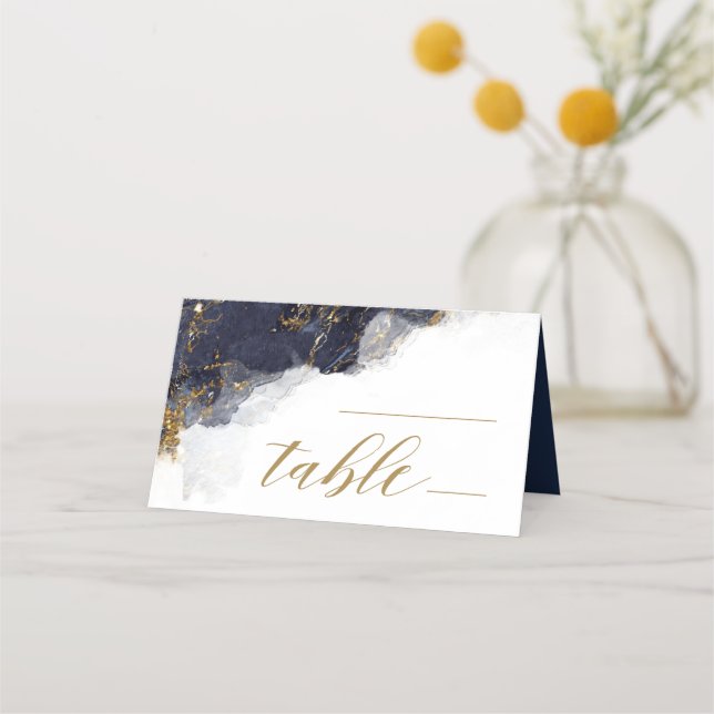 Marble Glitter Wedding Table Navy Blue Gold ID644 Place Card (Front)