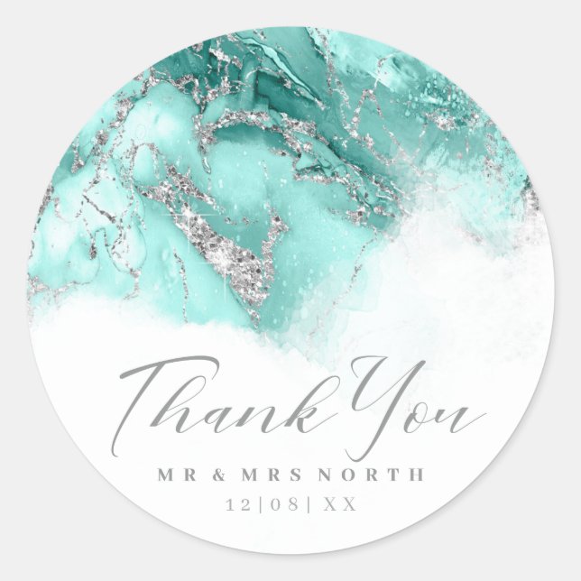 Marble Glitter Wedding Teal Silver ID644 Classic Round Sticker (Front)