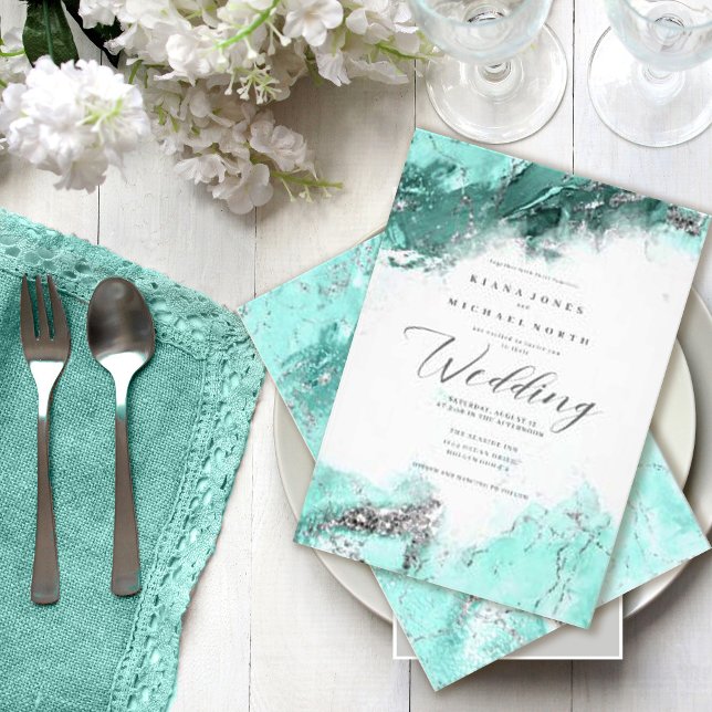 Marble Glitter Wedding Teal Silver ID644 Invitation (Creator Uploaded)