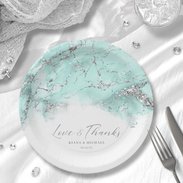 Marble Glitter Wedding Teal Silver ID644 Paper Plate (Creator Uploaded)
