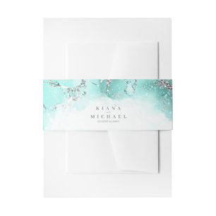 Marble Glitter Wedding Teal Silver V1 ID644 Invitation Belly Band