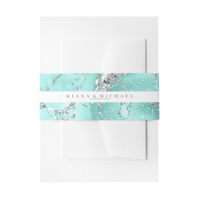 Marble Glitter Wedding Teal Silver V2 ID644 Invitation Belly Band (Front Example)