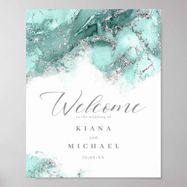 Marble Glitter Wedding Welcome Teal Silver ID644 Poster (Front)