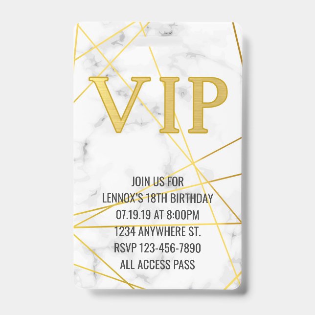 Marble Gold Birthday VIP Pass Badge Invitation ID Badge (Front)