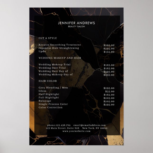Marble Gold Black Salon Price List Poster (Front)