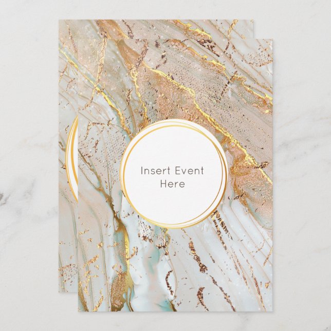 Marble gold blue orange agate geometric round invitation (Front/Back)