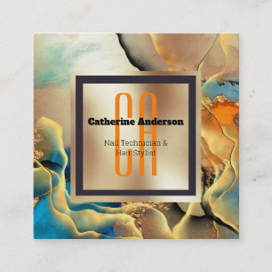 Marble gold blue orange ink smoke monogram square business card