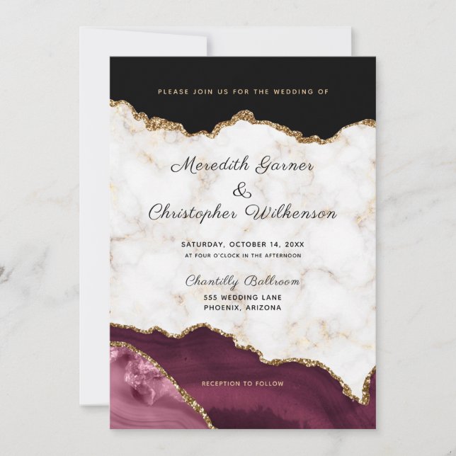 Marble Gold Burgundy Agate Wedding Invitation (Front)