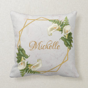 Marble Gold Calla Lilies Floral Geometric Name Cushion