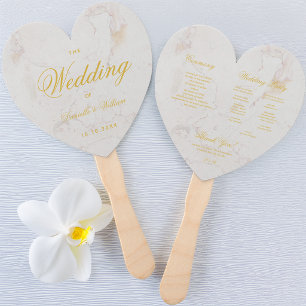 Marble Gold Calligraphy Heart Wedding Program Hand Fan