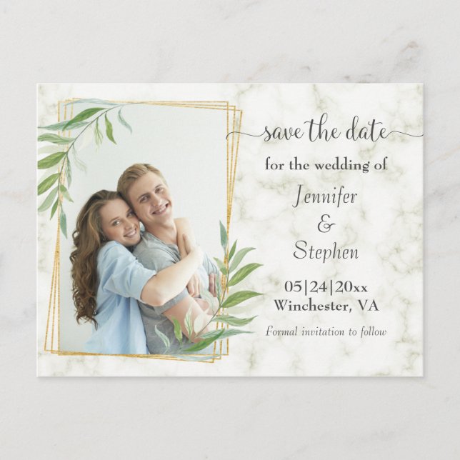 Marble Gold Frame Photo Wedding Save the Date Announcement Postcard (Front)