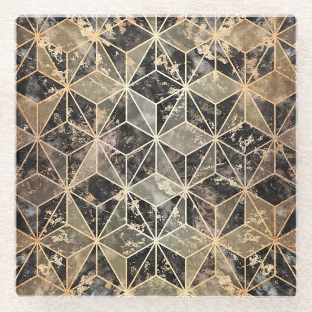 Marble & Gold Geometric Pattern Glass Coaster (Front)