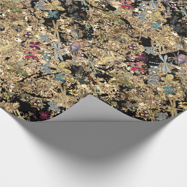 Marble Gold Meadow Butterfly Insects Gems Diamond Wrapping Paper (Corner)