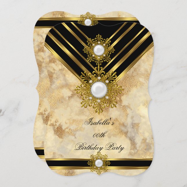 Marble Gold Pearl Beige Black Birthday Party Invitation (Front/Back)
